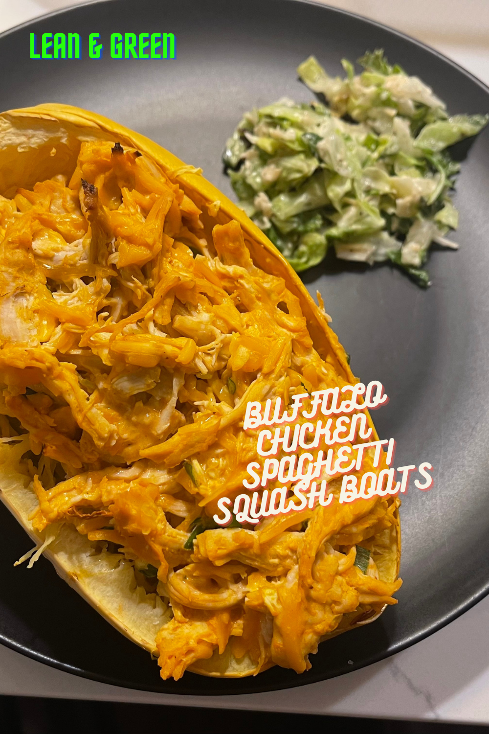 LEAN AND GREEN BUFFALO CHICKEN SPAGHETTI SQUASH BOATS 