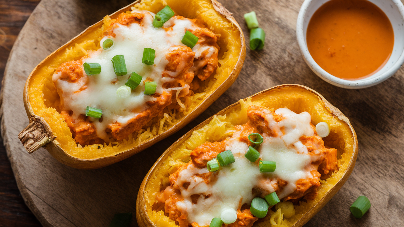 LEAN AND GREEN BUFFALO CHICKEN SPAGHETTI SQUASH BOATS