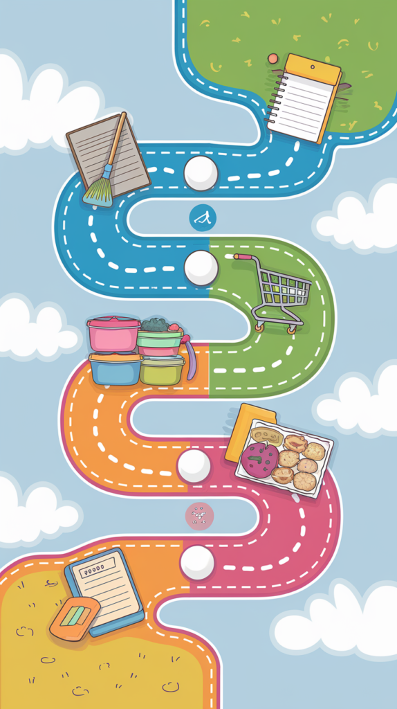 A cartoon-style roadmap with five distinct points along the path. Include small illustrations for each point (e.g., a broom, a notepad, a shopping cart, meal containers, and a journal)