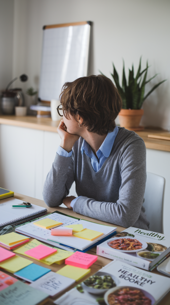A person sitting at a kitchen table, surrounded by colorful sticky notes, a planner, and healthy recipe books.
