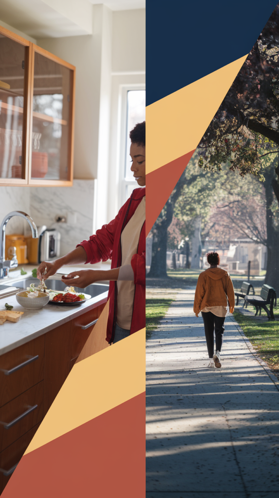 A split-screen image: on one side, someone meal prepping in a bright, clean kitchen; on the other side, the same person going for a walk in a park