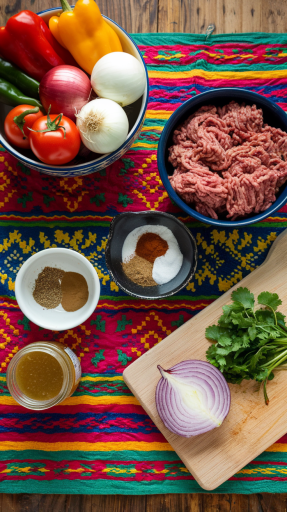 Optavia Taco Salad Recipe Ingredients laid out on a colorful Mexican-inspired tablecloth
