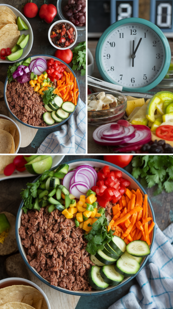 a bowl of taco salad, cooked ground meat, fresh veggies