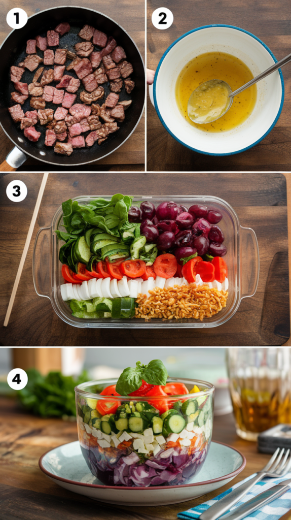browning the meat, mixing the dressing, assembling the salad layers, and the final plated dish