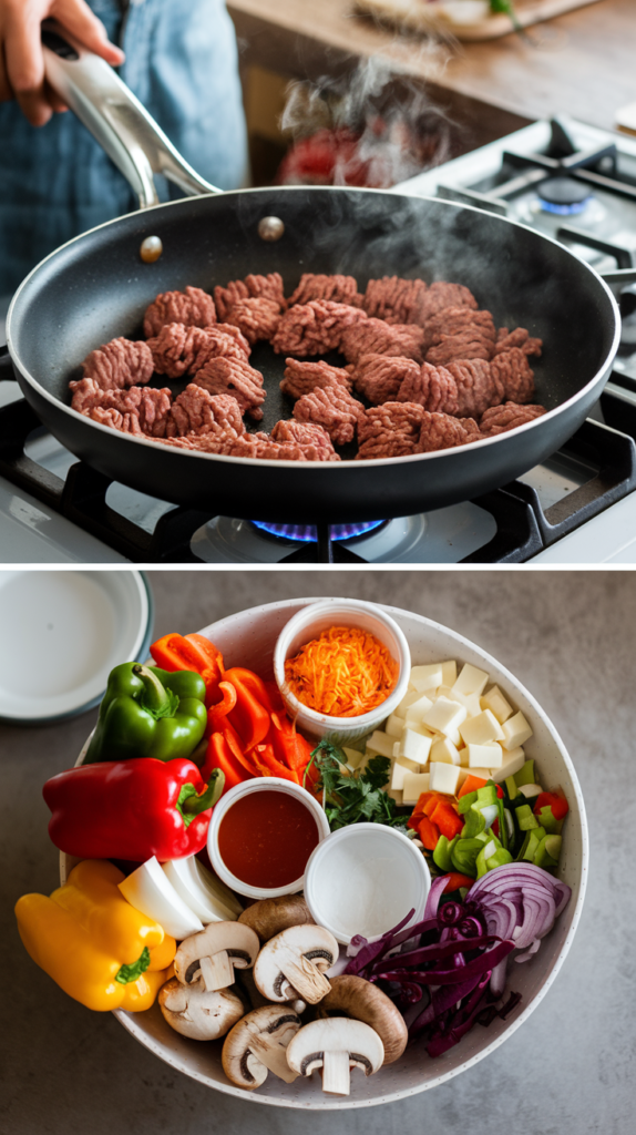 cooking the ground meat and neatly prepped vegetables.