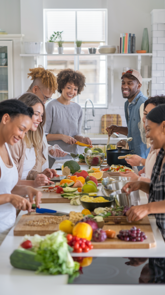 optavia diy plan image showing a diverse group of people (different ages, genders, body types) in a kitchen, preparing healthy meals together.