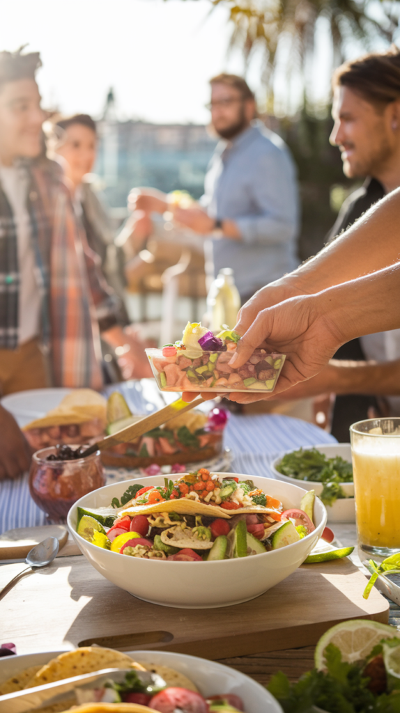 outdoor patio scene with someone serving the taco salad