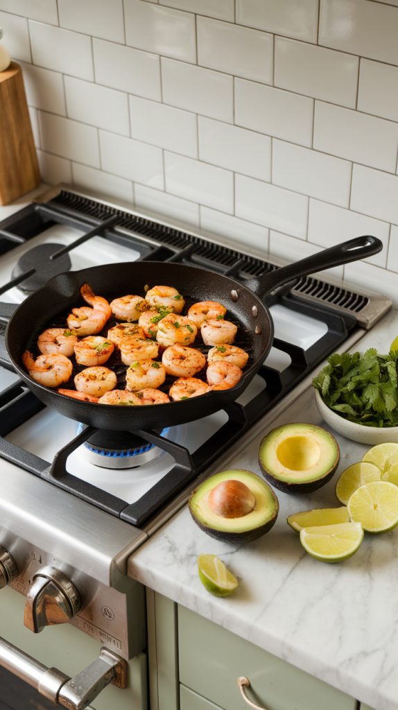 Chili lime shrimp being grilled in skillet