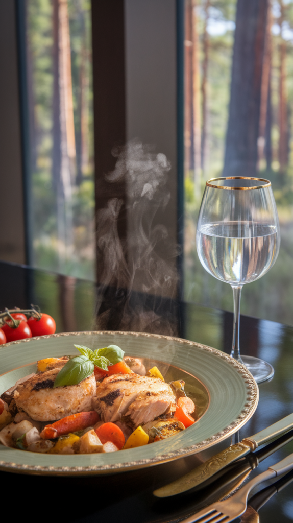 Optavia Tuscan chicken and vegetable sauté on sage green gold-rimmed plate