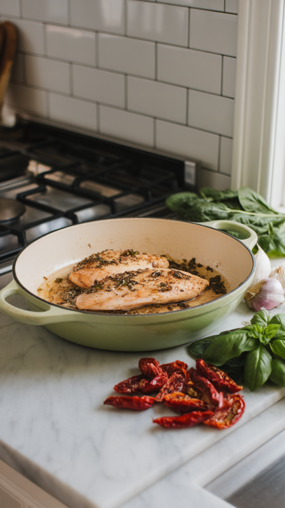 Seared Chicken in skillet with garlic and herbs