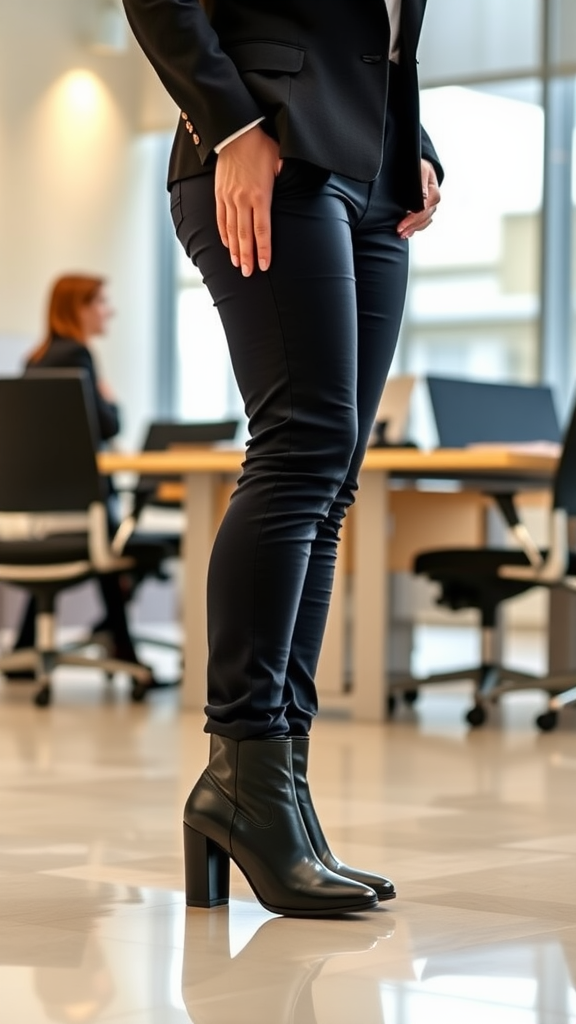 A woman wearing ankle boots and professional attire in a modern office setting