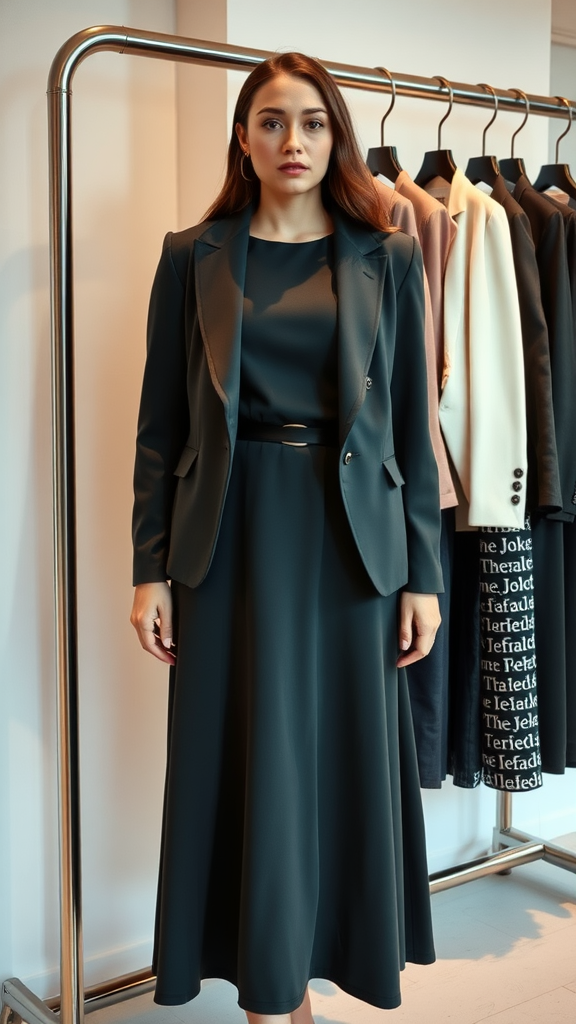 A woman wearing a chic midi dress with a tailored jacket, standing in front of a clothing rack.
