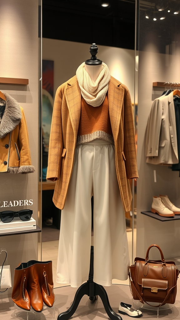 A stylish outfit display featuring a plaid coat, sweater, and wide-leg pants, designed for a chic office look.
