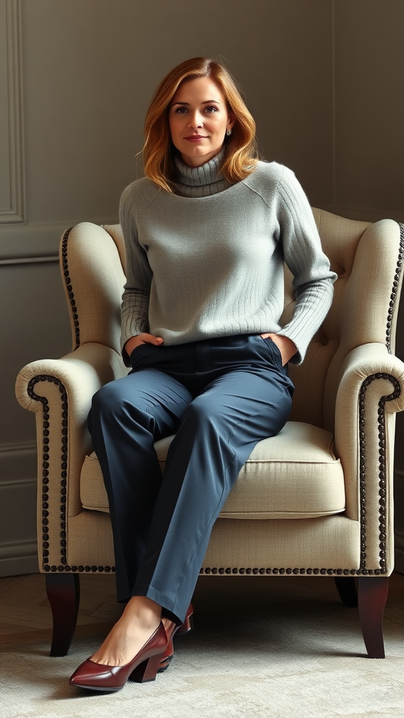 A woman wearing a light grey cashmere sweater and tailored navy pants, sitting in a stylish armchair.