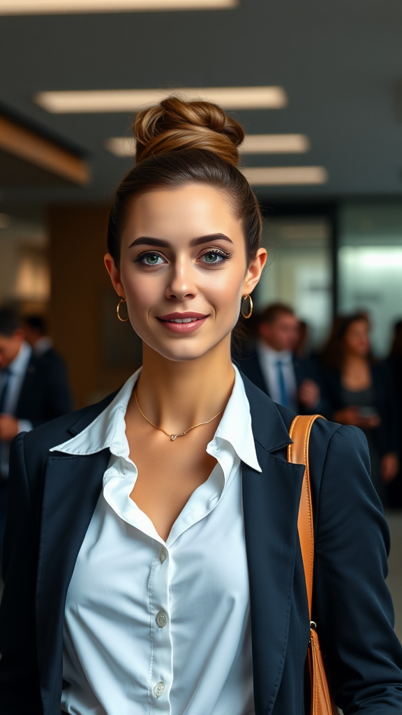 Woman in a business suit with a high bun hairstyle, smiling confidently