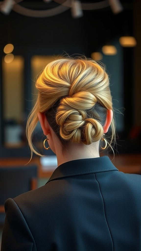 A stylish pinned updo hairstyle suitable for a professional setting.