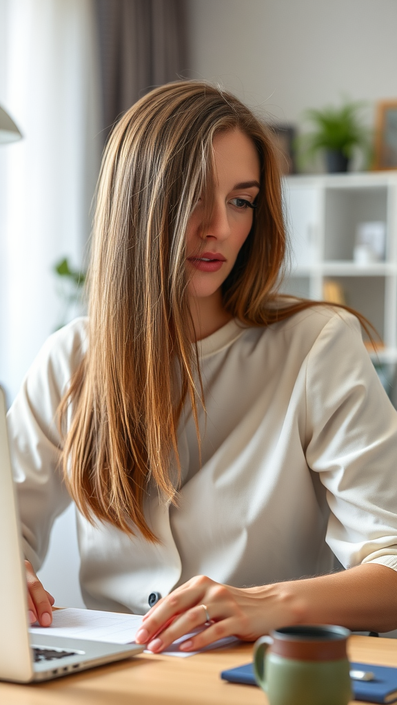 A woman with long straight hair working on a laptop at a desk.