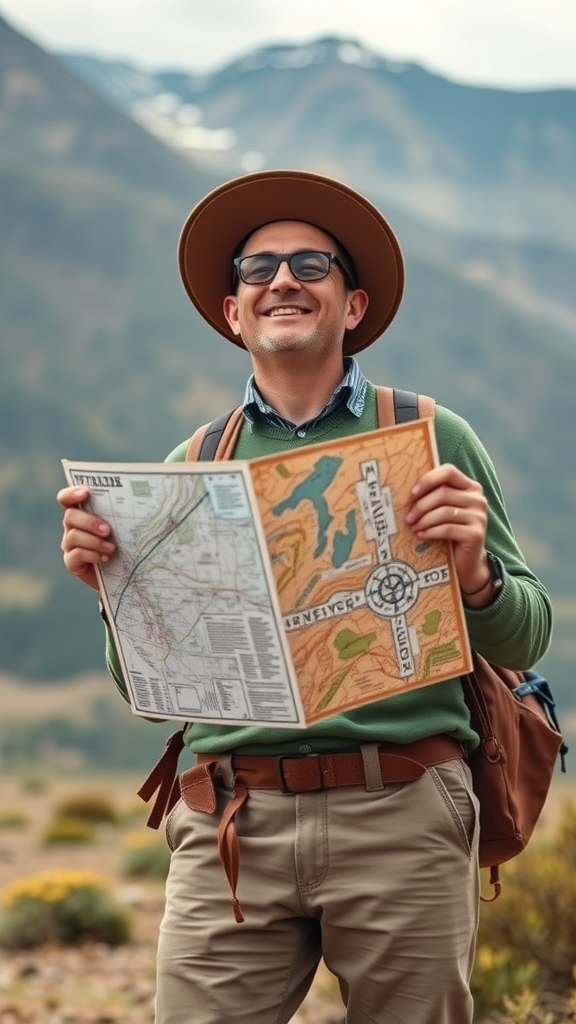 leadership mindset - A happy man holding a map outdoors with mountains in the background.