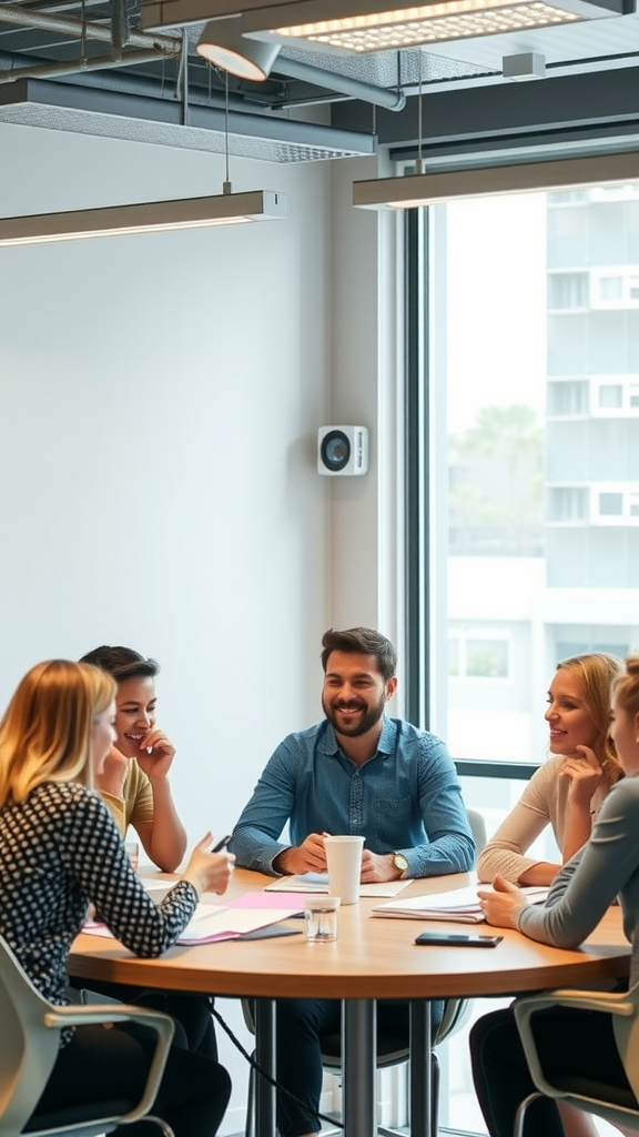 A group of six people engaged in a collaborative meeting around a round table in a bright office setting.