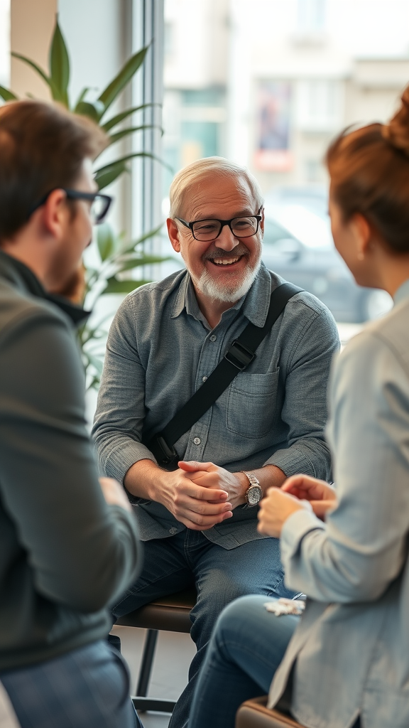 A group of three people engaged in a friendly conversation, focusing on a smiling older man.
