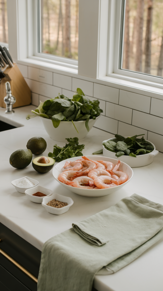 ingredients for easy cold shrimp and avocado salad