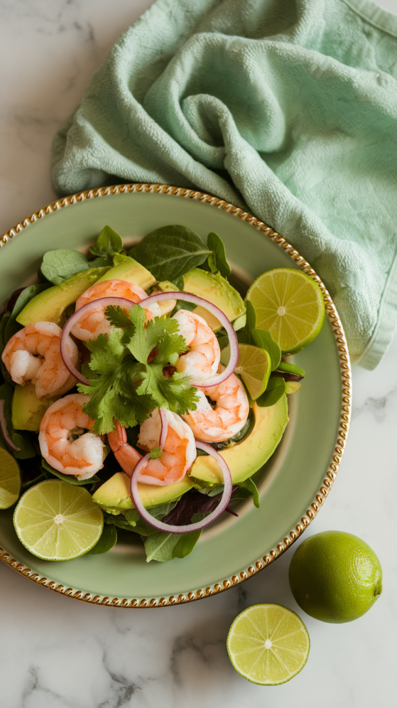 view of Mexican avocado shrimp salad on sage green gold-rimmed plate