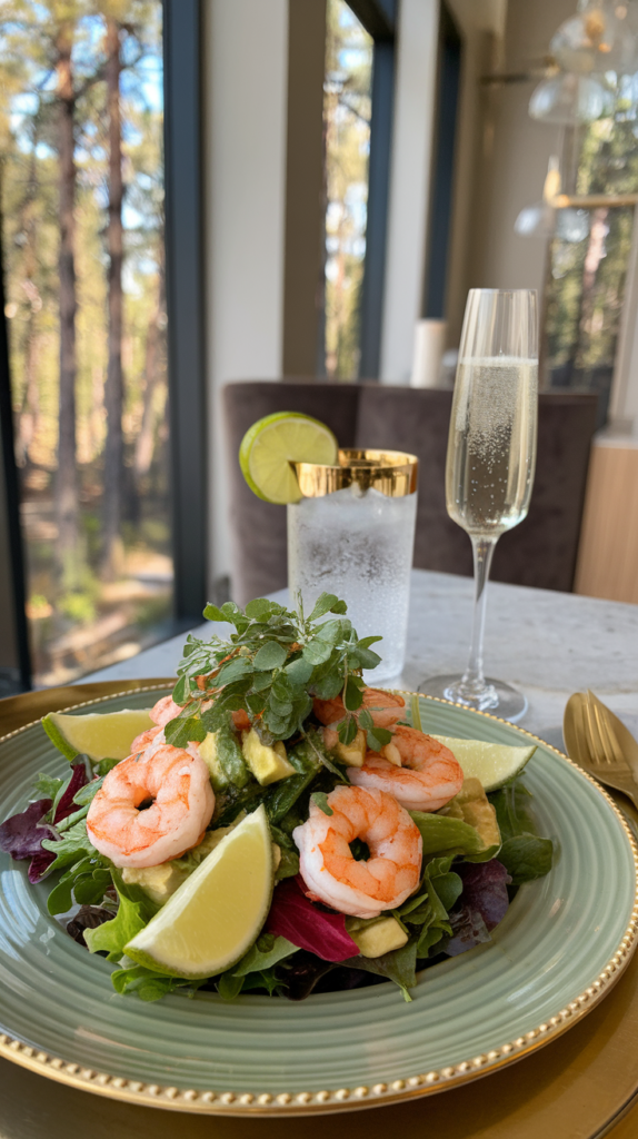 view of Avocado Lime Shrimp Salad on sage green gold-rimmed plate