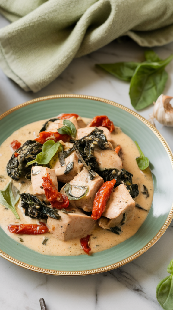view of creamy Tuscan garlic diced chicken